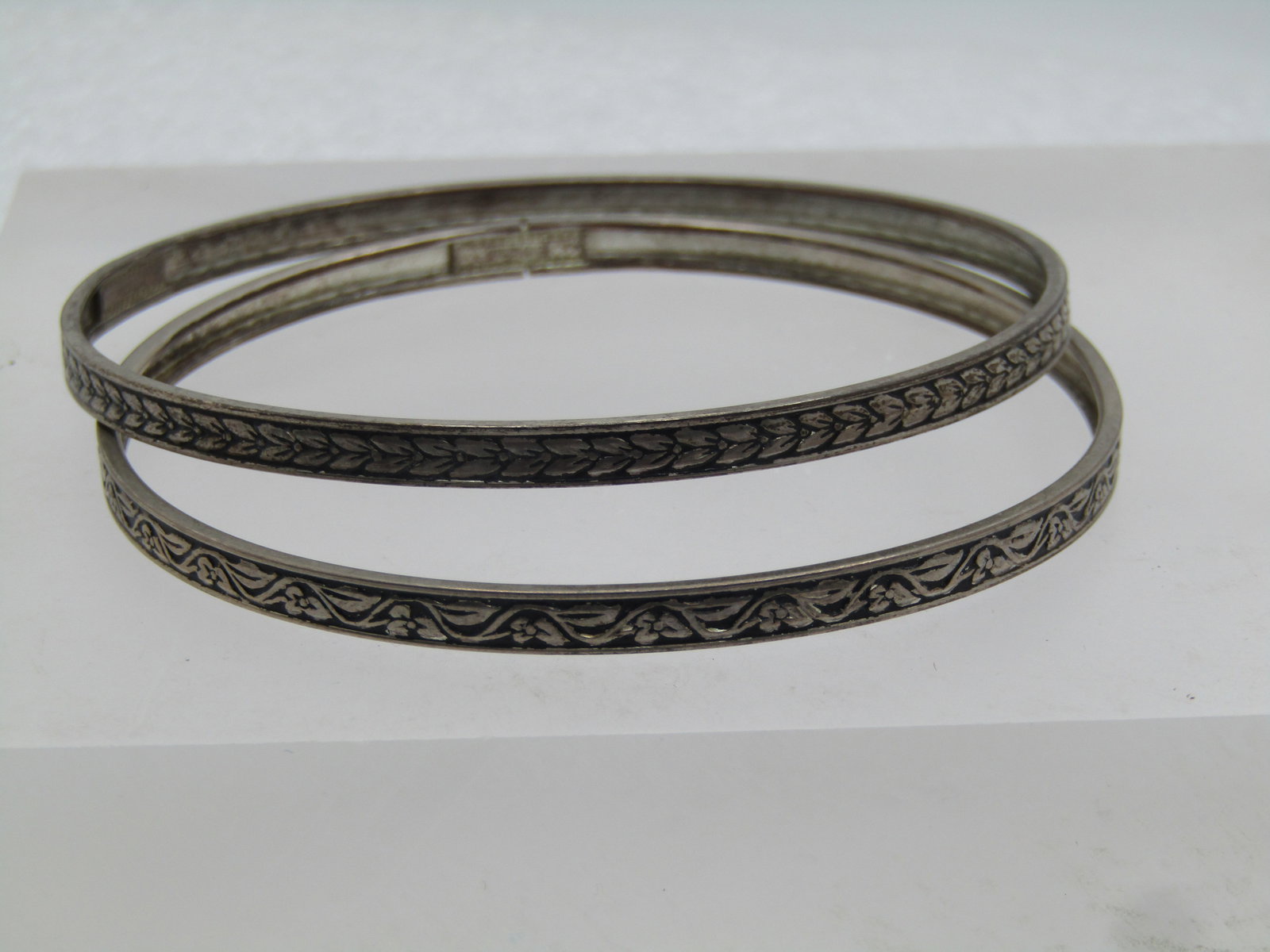 Vintage Sterling Pair Bangle Bracelets, 7.75" Floral Scrolled, 1940's-1950's (1 of 6)
