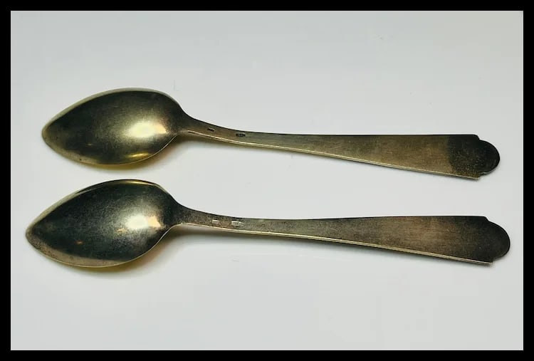 Two Vintage Soviet Russian 875 Silver and Enamel Detailed Teaspoons Gold Wash - 7