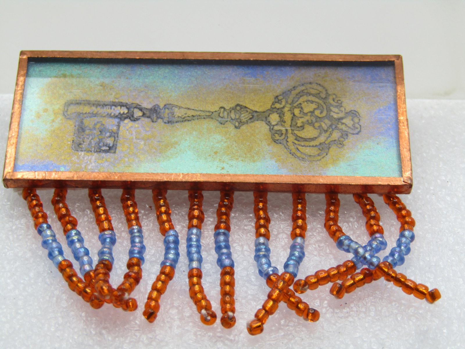 Vintage Stamped Key Framed Brooch, Dangle Beads, 1990's (1 of 4)