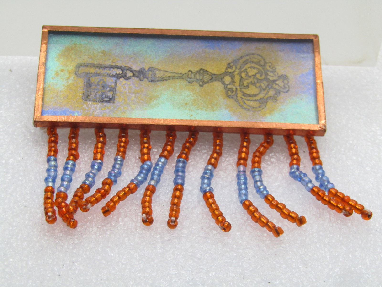 Vintage Stamped Key Framed Brooch, Dangle Beads, 1990's - 2