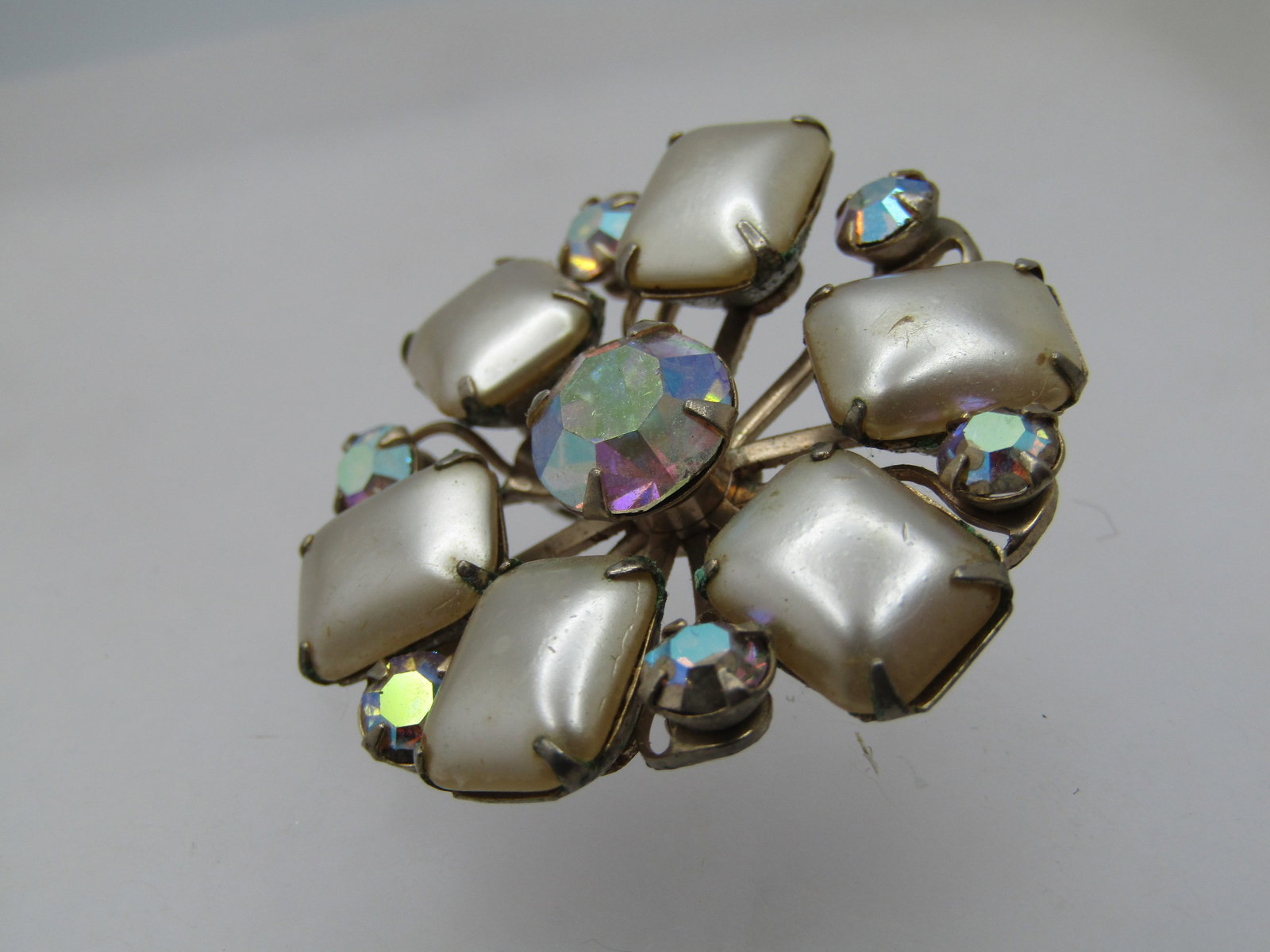Vintage Faux Pearl Aurora Borealis Rhinestone Brooch, 1940's-1950's - 3