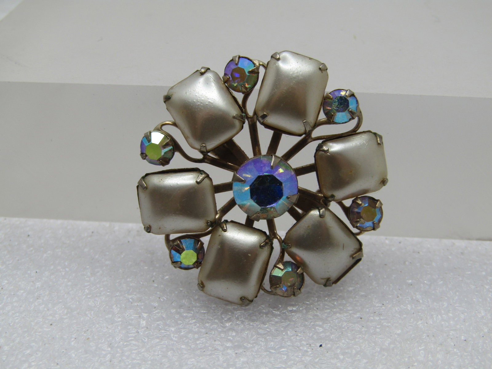 Vintage Faux Pearl Aurora Borealis Rhinestone Brooch, 1940's-1950's - 4