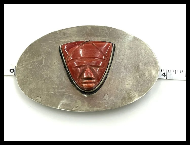 Vintage Oversized Sterling Silver and Carved Natural Stone Face Belt Buckle - 10