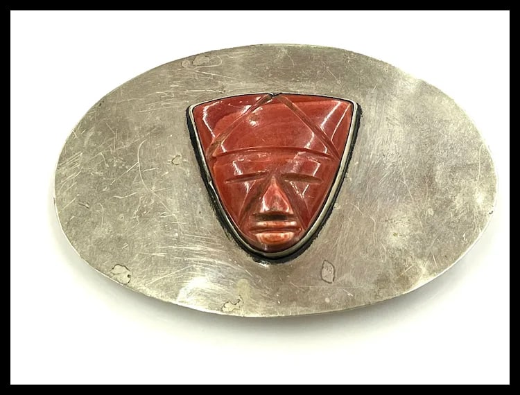 Vintage Oversized Sterling Silver and Carved Natural Stone Face Belt Buckle - 2