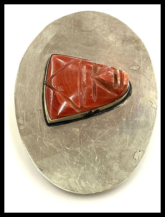 Vintage Oversized Sterling Silver and Carved Natural Stone Face Belt Buckle - 4