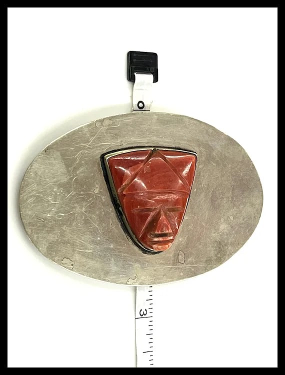 Vintage Oversized Sterling Silver and Carved Natural Stone Face Belt Buckle - 9