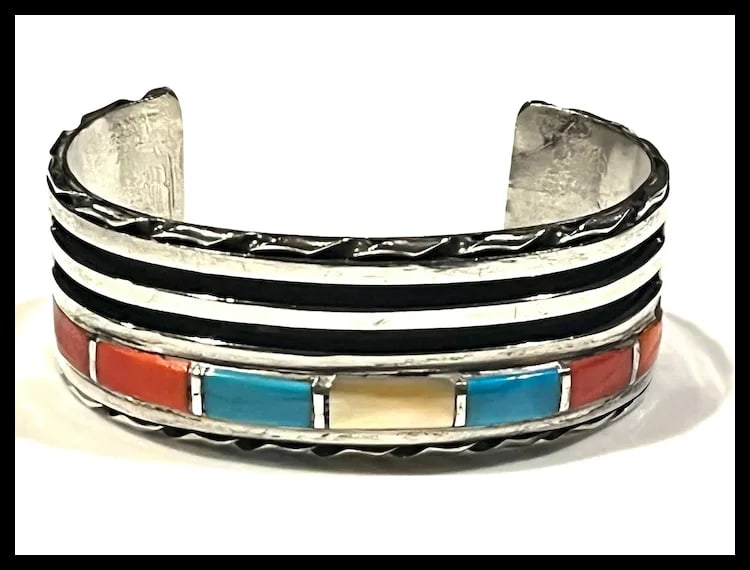 Vintage Zuni Sterling Silver Turquoise, Coral, and Shell Channel Inlay Cuff/ Bracelet - 2