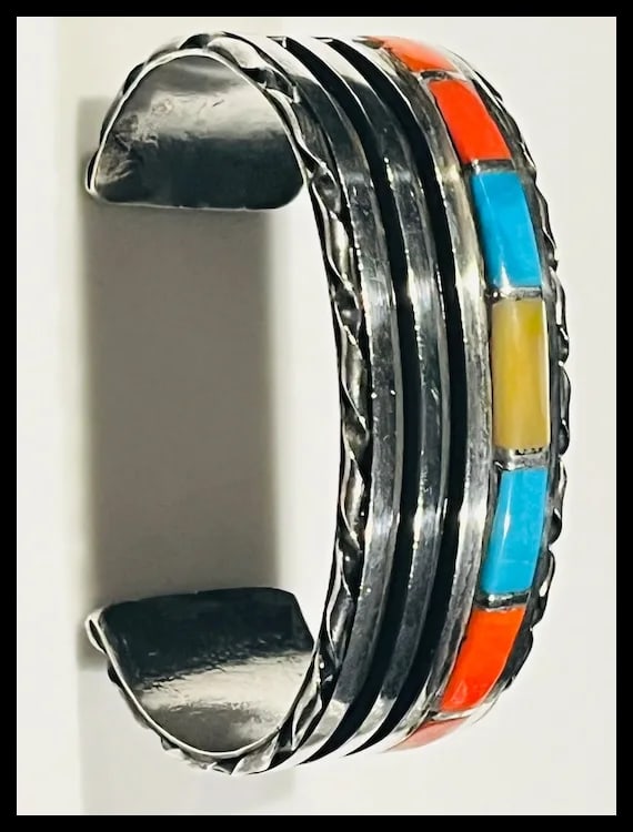 Vintage Zuni Sterling Silver Turquoise, Coral, and Shell Channel Inlay Cuff/ Bracelet - 5