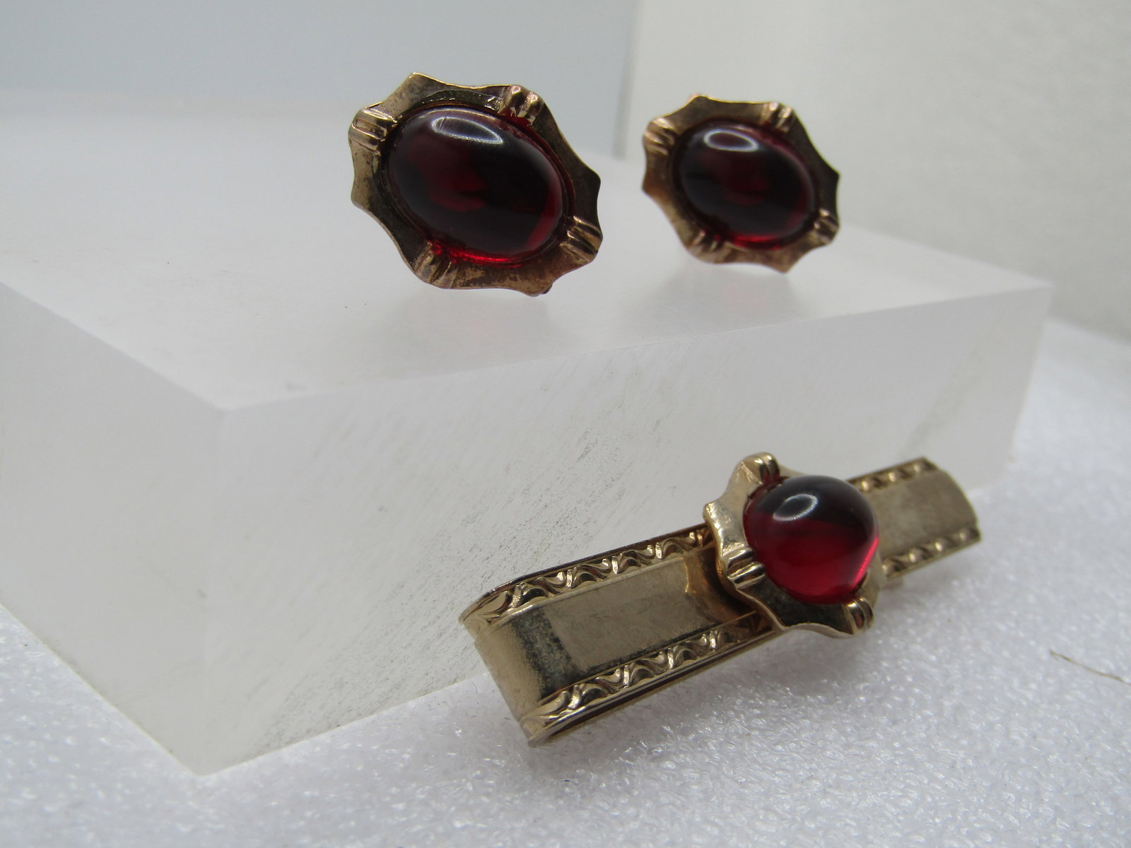 Vintage Red Glass Tie Bar & Cufflinks Set, 1940's - 2