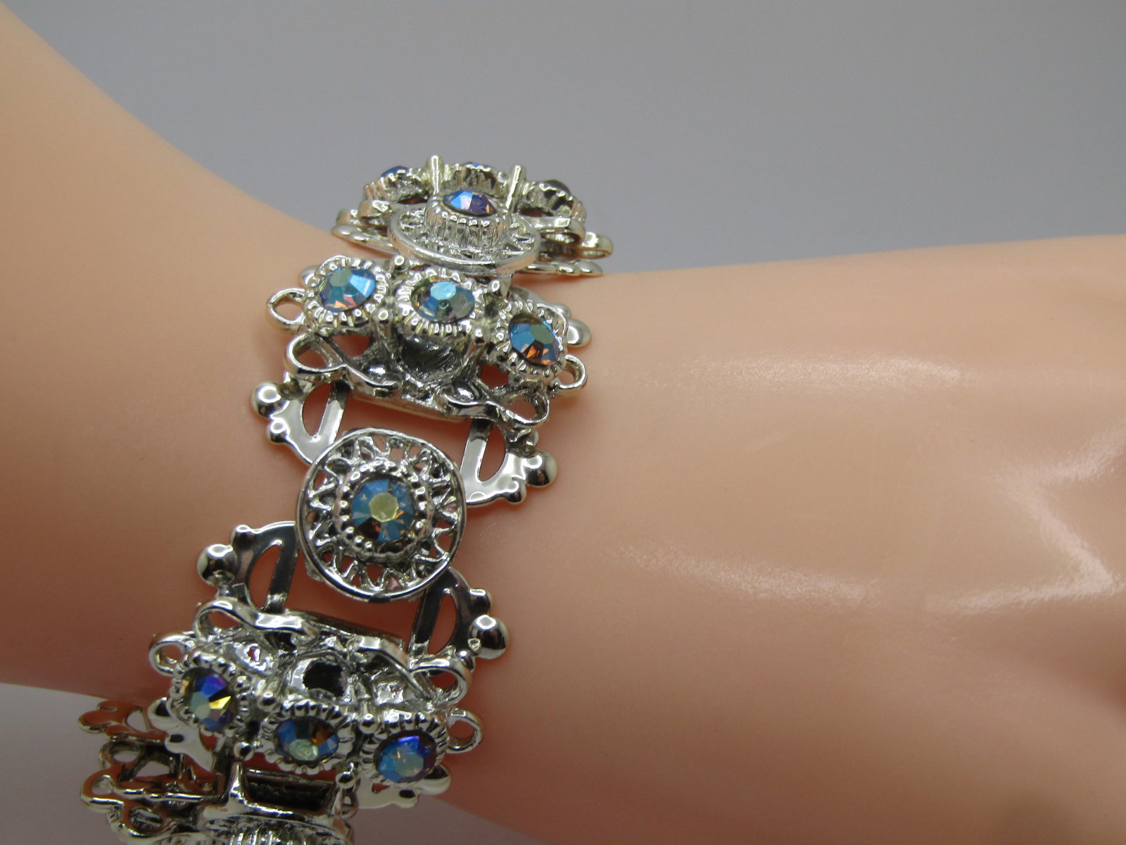 Vintage Aurora Borealis Rhinestone Bracelet & Clip Earrings, 1960's-1970's - 2