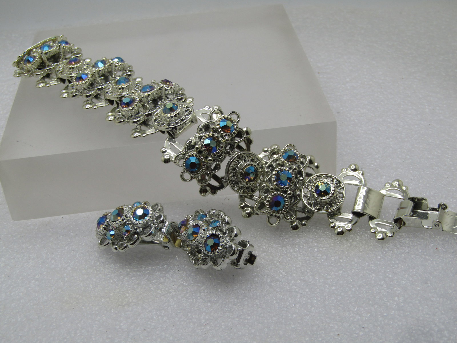 Vintage Aurora Borealis Rhinestone Bracelet & Clip Earrings, 1960's-1970's - 7