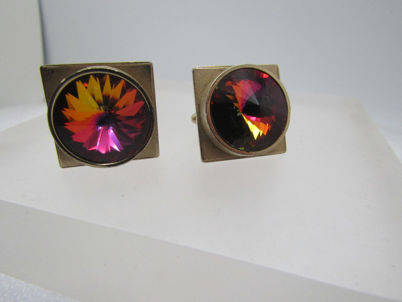 Vintage Dante Watermelon Rivoli Rhinestone Cufflinks, 1960's-1970's - 6