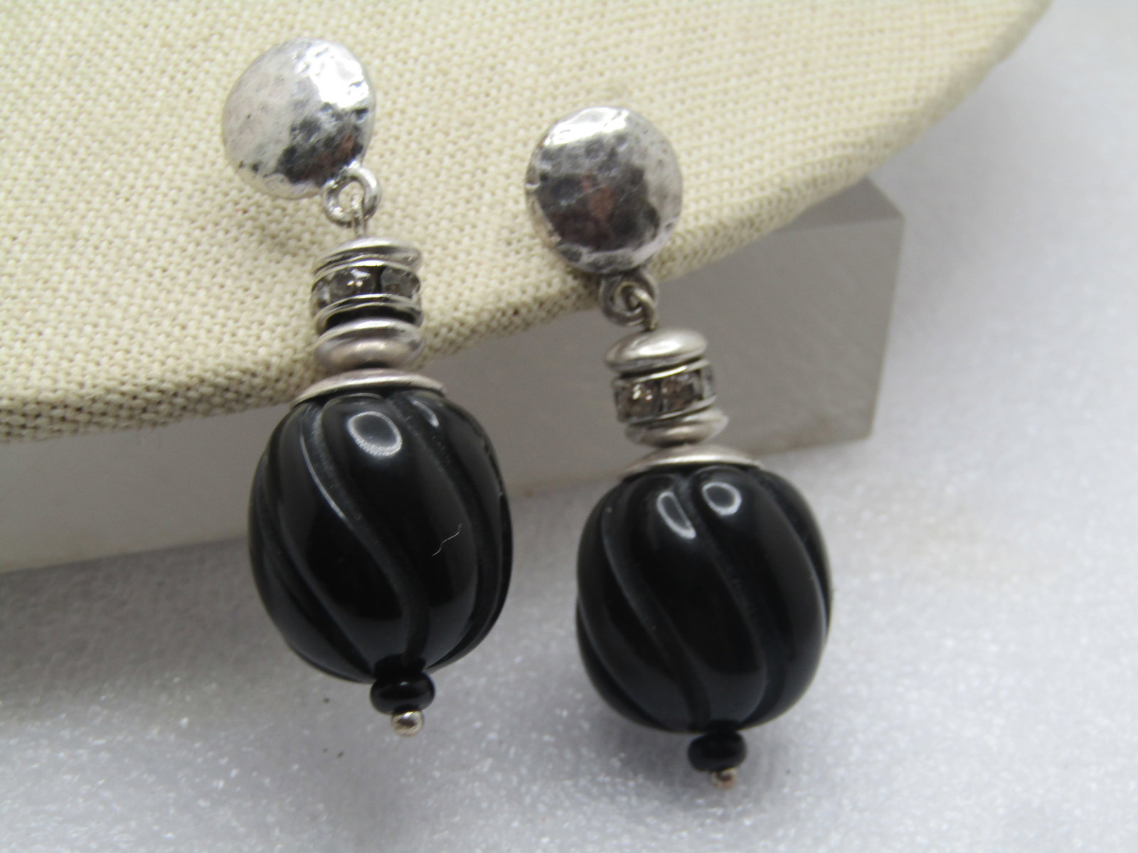 Vintage Stud & Dangle Black Twisted Bead Drop, Clear Rhiinestones, 1980's-1990's: Vintage Stud & Dangle Black Twisted Bead Drop, Clear Rhiinestones, 1980's-1990's. Signed Chico's. The earrings are silver tone with a 12mm hammered round s tud with a drop of a carved like black