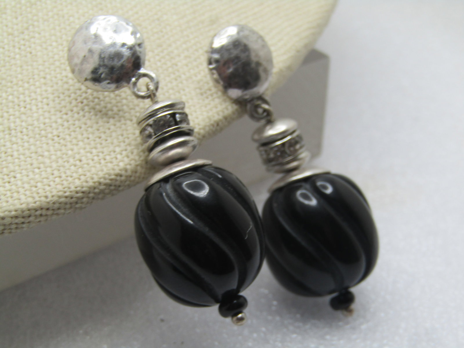 Vintage Stud & Dangle Black Twisted Bead Drop, Clear Rhiinestones, 1980's-1990's - 2