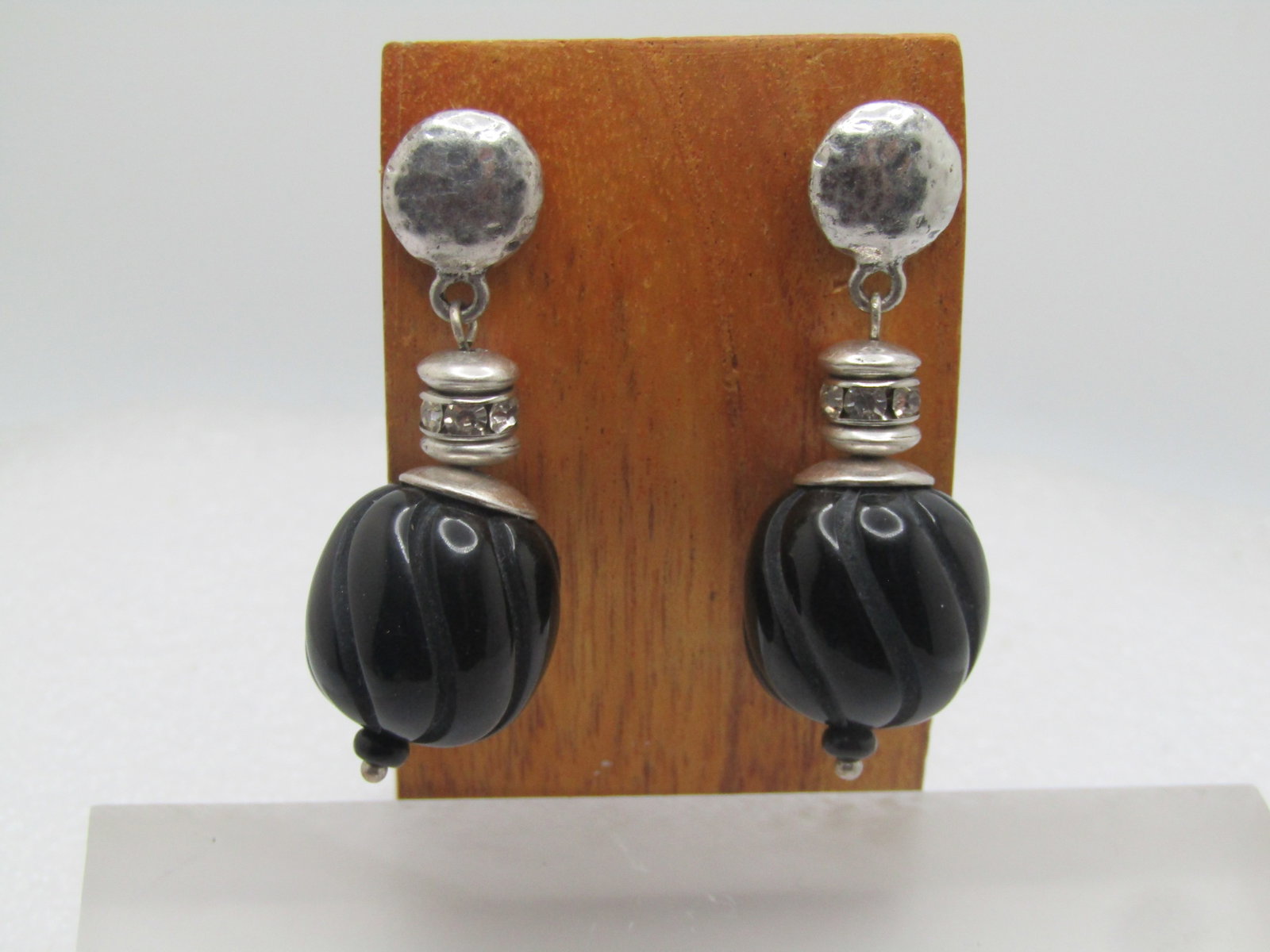 Vintage Stud & Dangle Black Twisted Bead Drop, Clear Rhiinestones, 1980's-1990's - 3