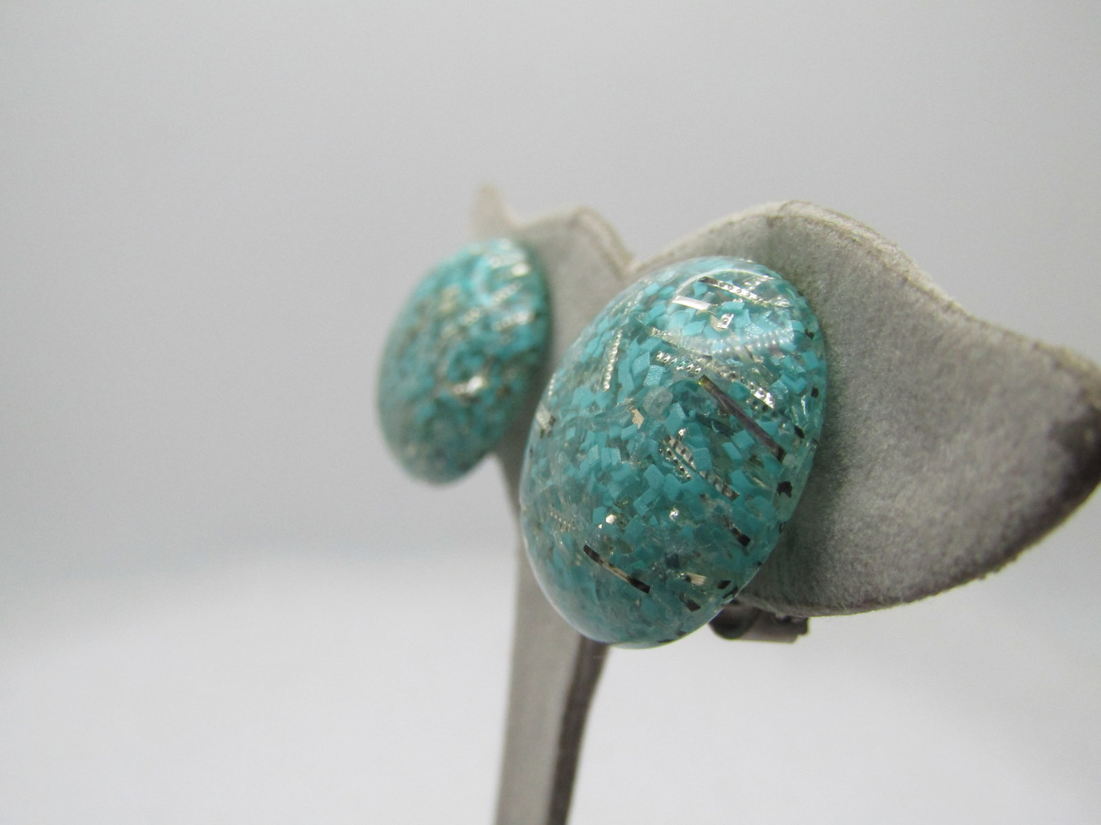 Vintage Aqua & Silver Glitter Earrings, Clips, 1940's-1950's - 2