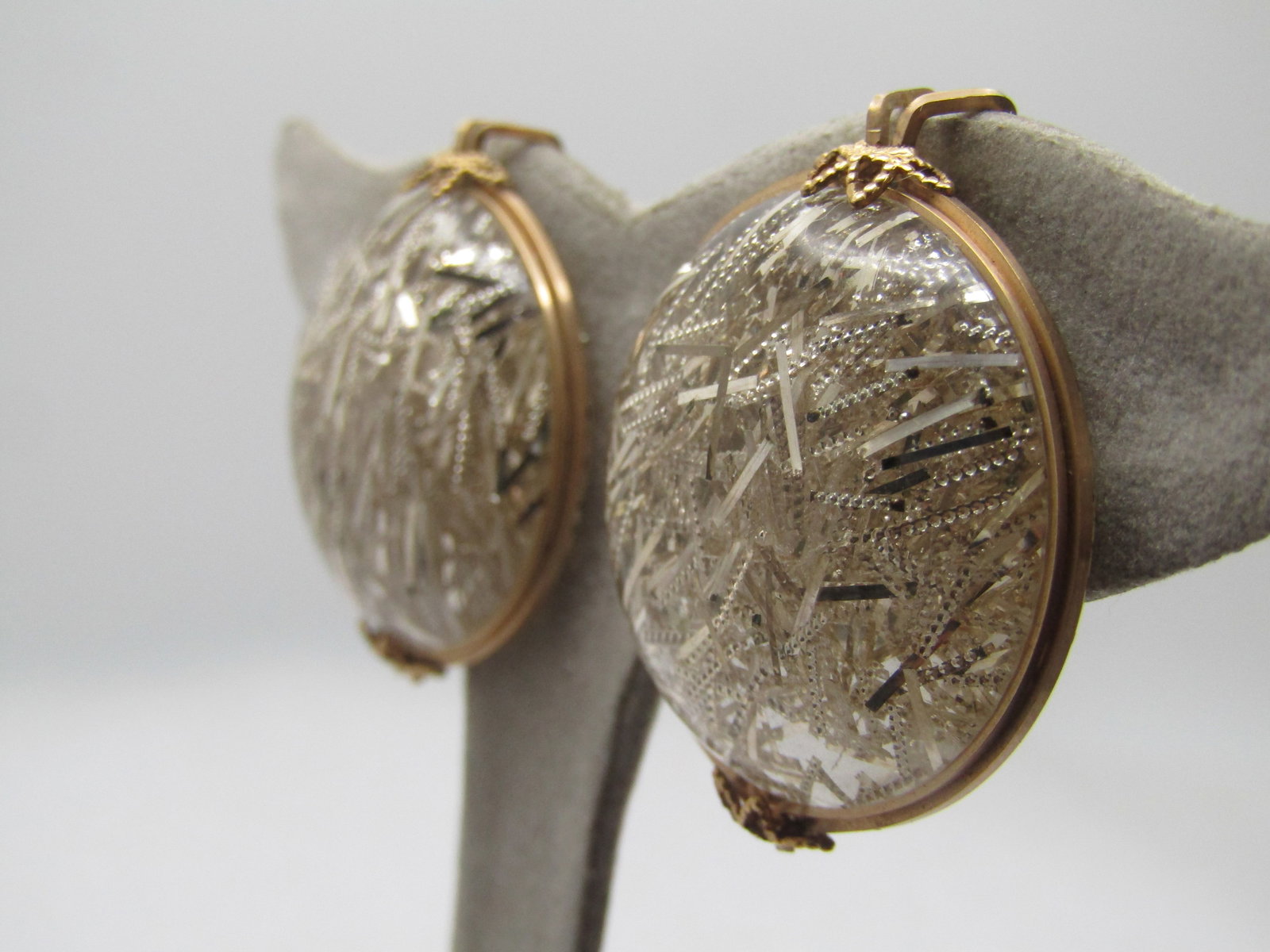 Vintage Clear and Silver Confetti Domed Slide Earrings., 1950's-1960's - 2