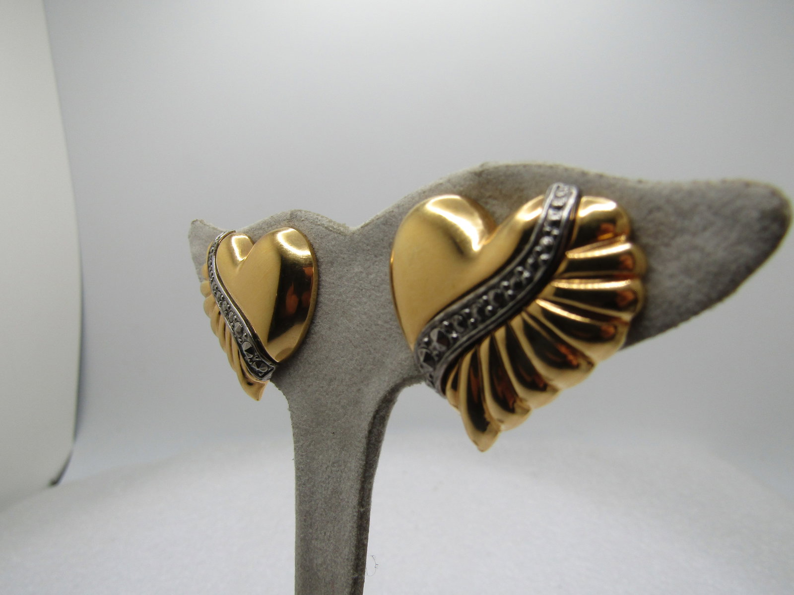 Vintage Faux Marcasite Heart Earrings, Clip, 1980's, Two-Tone - 2
