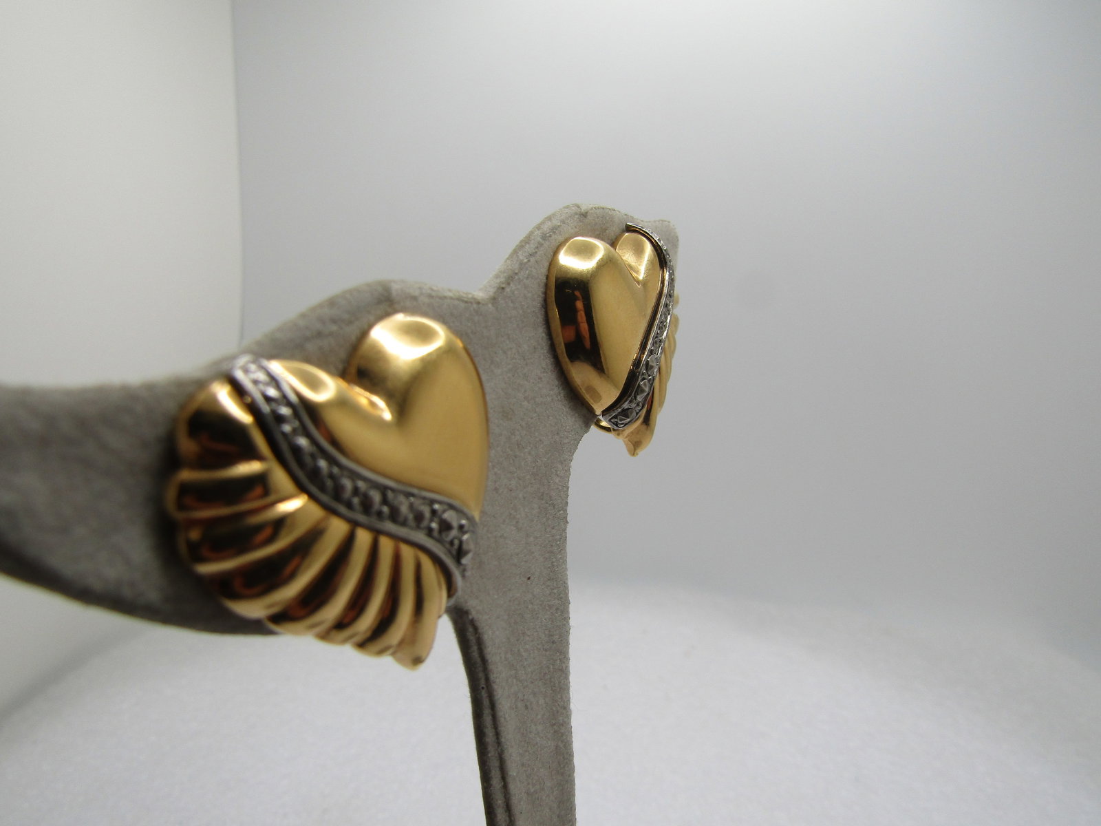 Vintage Faux Marcasite Heart Earrings, Clip, 1980's, Two-Tone - 3