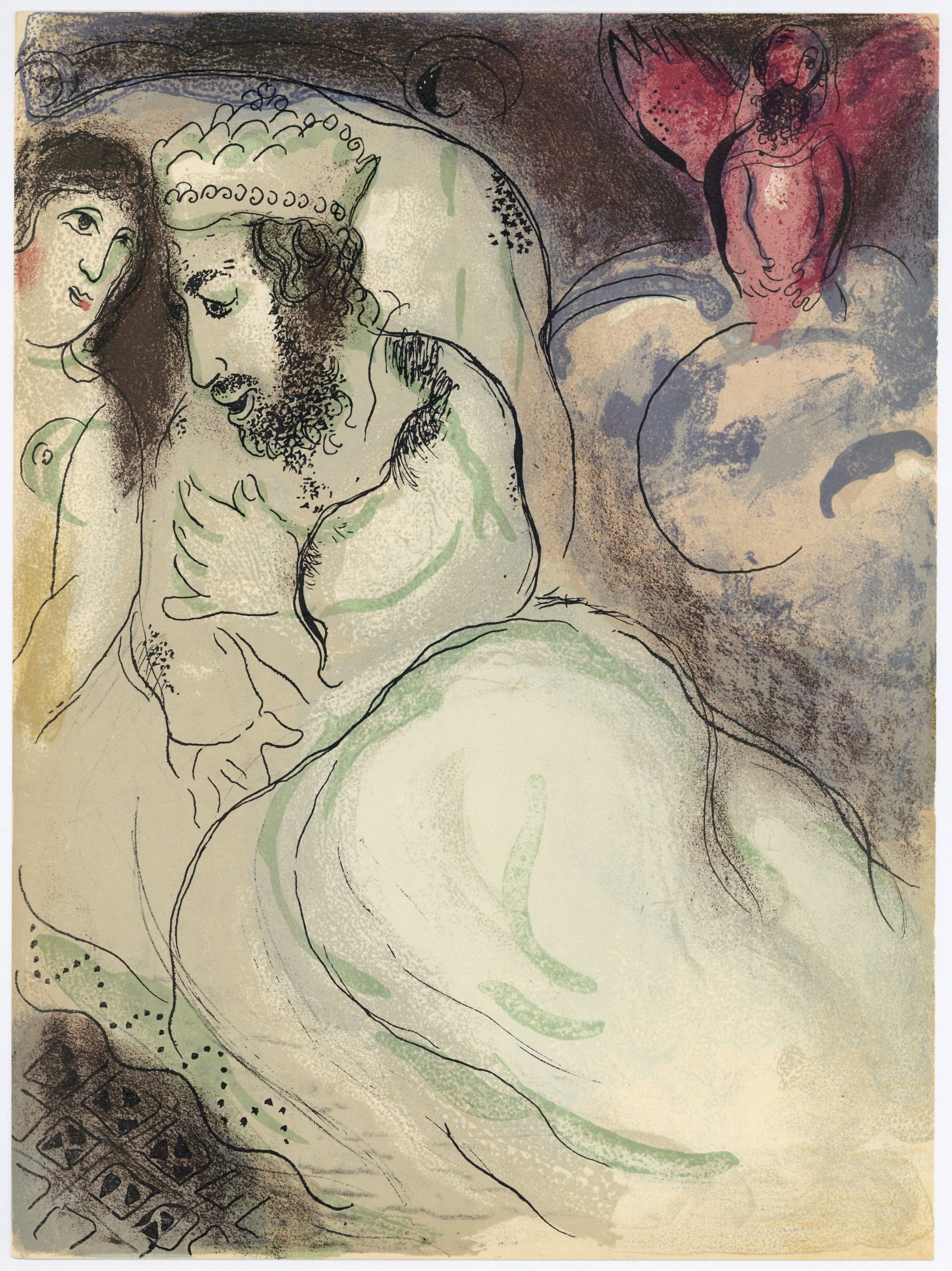 Marc Chagall "Sarah and Abimelech" original Bible lithograph: Title:Marc Chagall "Sarah and Abimelech" original Bible lithographDescription:Medium: original lithograph. Catalogue reference M 239. This beautiful color lithograph was printed by Mourlot and