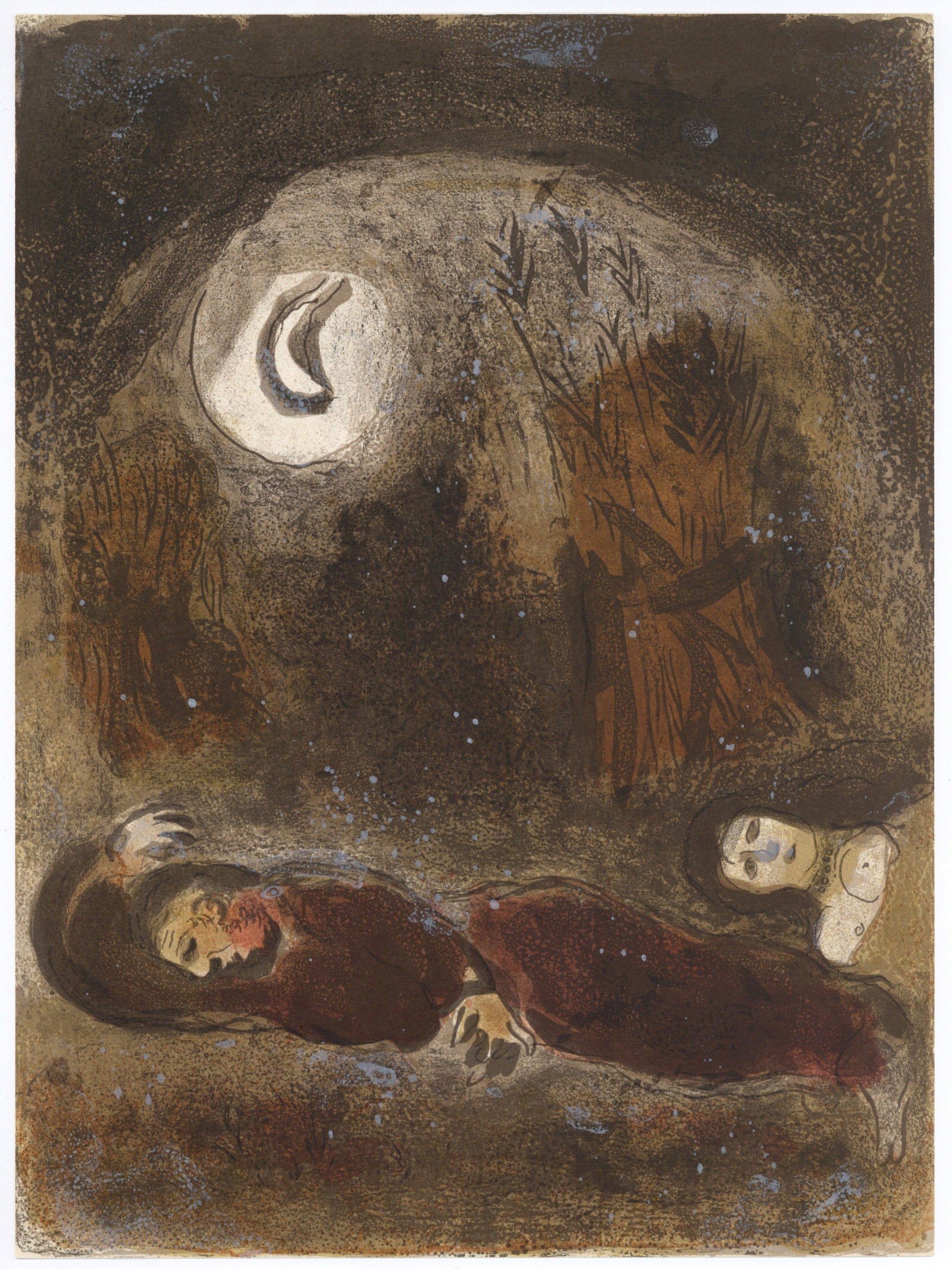 Marc Chagall "Ruth at the Feet of Boaz" original Bible lithograph: Title:Marc Chagall "Ruth at the Feet of Boaz" original Bible lithographDescription:Medium: original lithograph. Catalogue reference M 248. This beautiful color lithograph was printed by Mourlot and