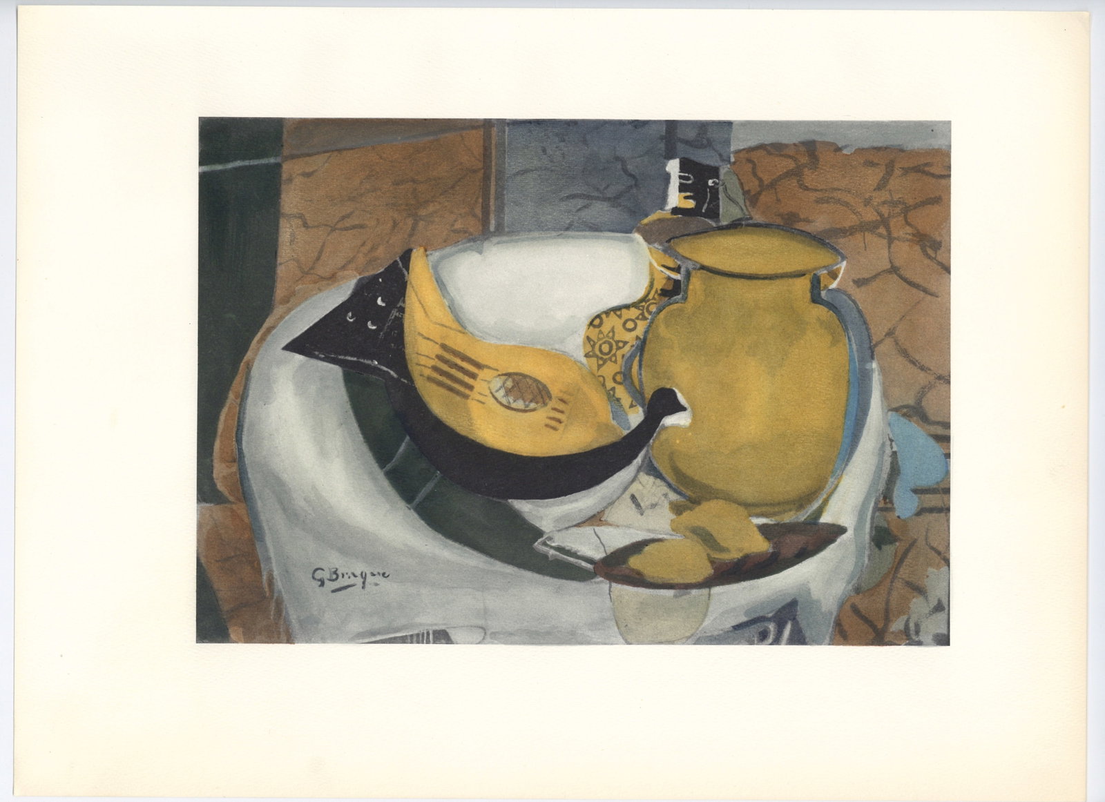Georges Braque pochoir "Nature morte a la guitare": Title:Georges Braque pochoir "Nature morte a la guitare"Description:Medium: pochoir (after the painting). Printed in 1962 in a limited edition of 200 for the scarce Braque 20 Pochoirs portfolio,