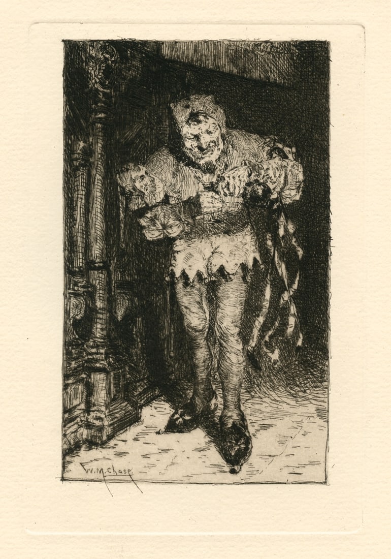 William Merritt Chase "Keying Up - The Court Jester" original etching: Title:William Merritt Chase "Keying Up - The Court Jester" original etchingDescription:Medium: original etching. This impression on laid paper was published by the American Art Review in 1880. The