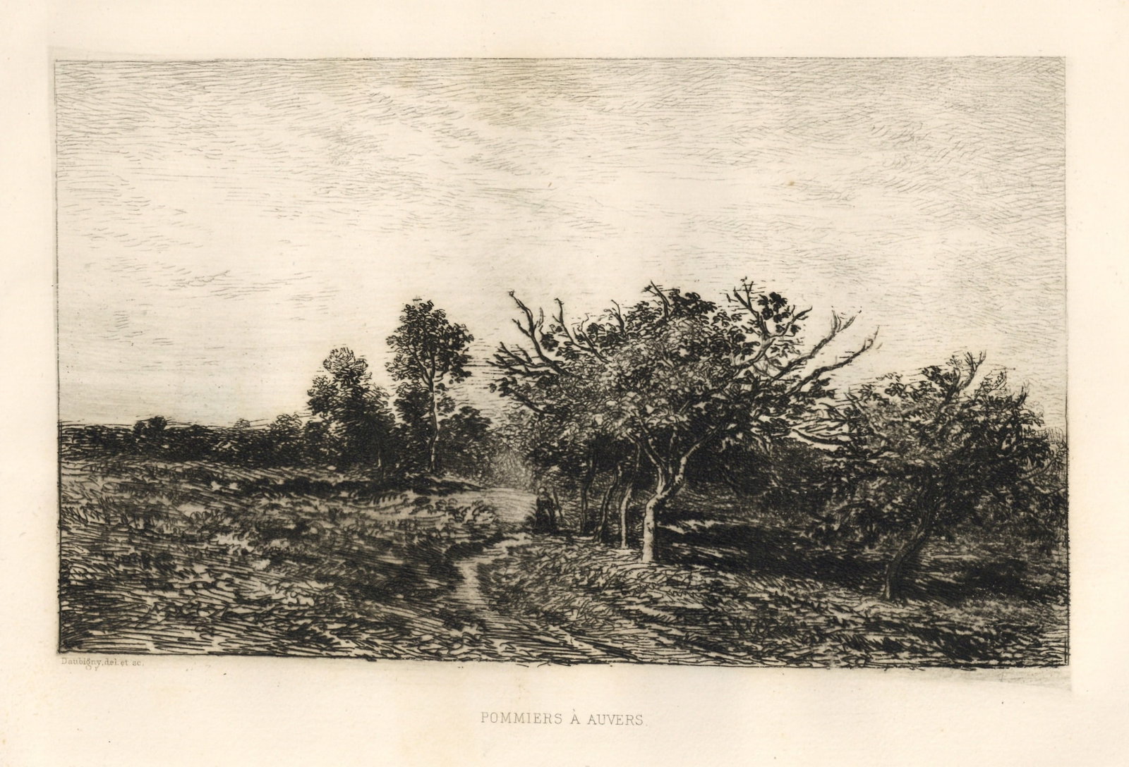 Charles Daubigny "Pommiers a Auvers" original etching: Title:Charles Daubigny "Pommiers a Auvers" original etchingDescription:Medium: original etching. Catalogue reference Delteil 126. This impression on cream laid paper is from the edition printed for