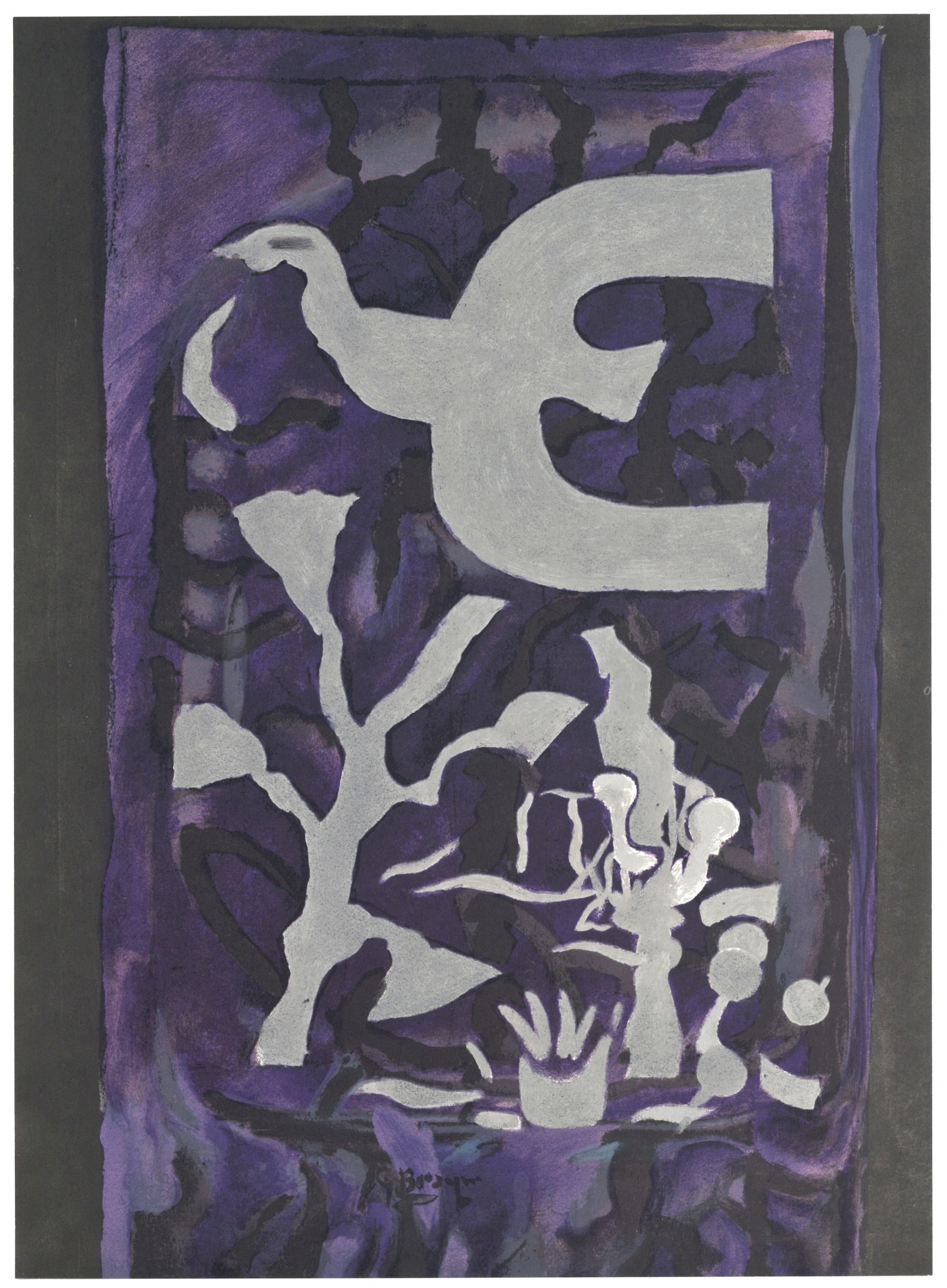 Georges Braque lithograph "Chapelle St. Bernard": Title:Georges Braque lithograph "Chapelle St. Bernard"Description:Medium: lithograph (after the maquette for the stained glass window at the Chapelle St. Bernard). Executed for Derriere le Miroir