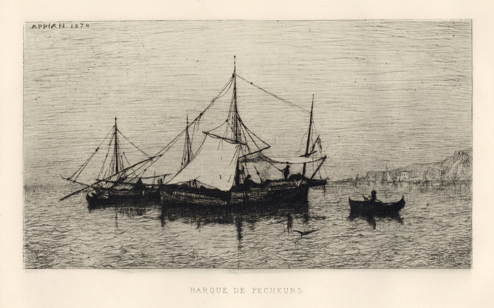Adolphe Appian "Barque de pecheurs" original etching: Title:Adolphe Appian "Barque de pecheurs" original etchingDescription:Medium: original etching. This impression on cream laid paper is from the edition printed for "French Etchers", published in New