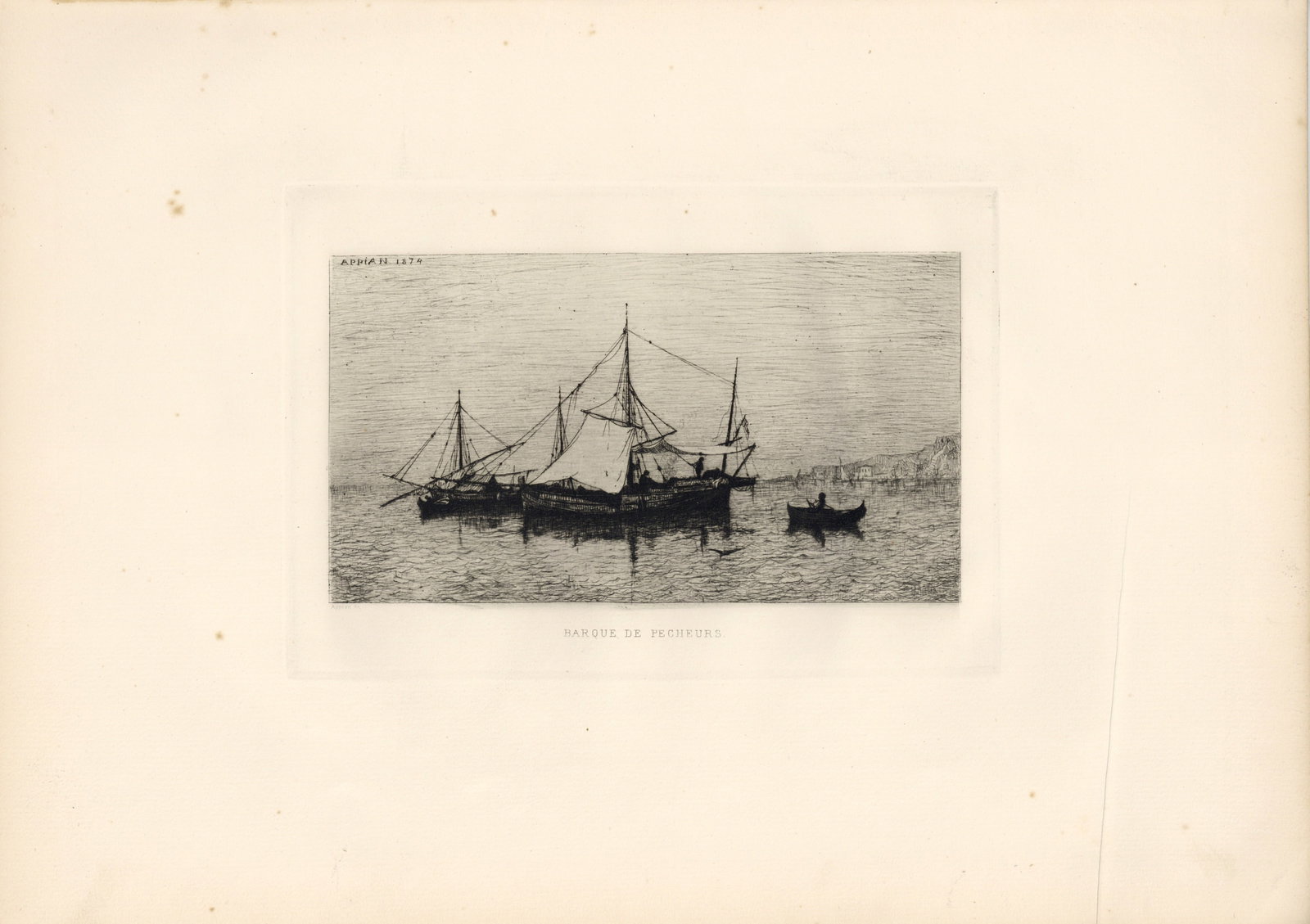 Adolphe Appian "Barque de pecheurs" original etching - 2