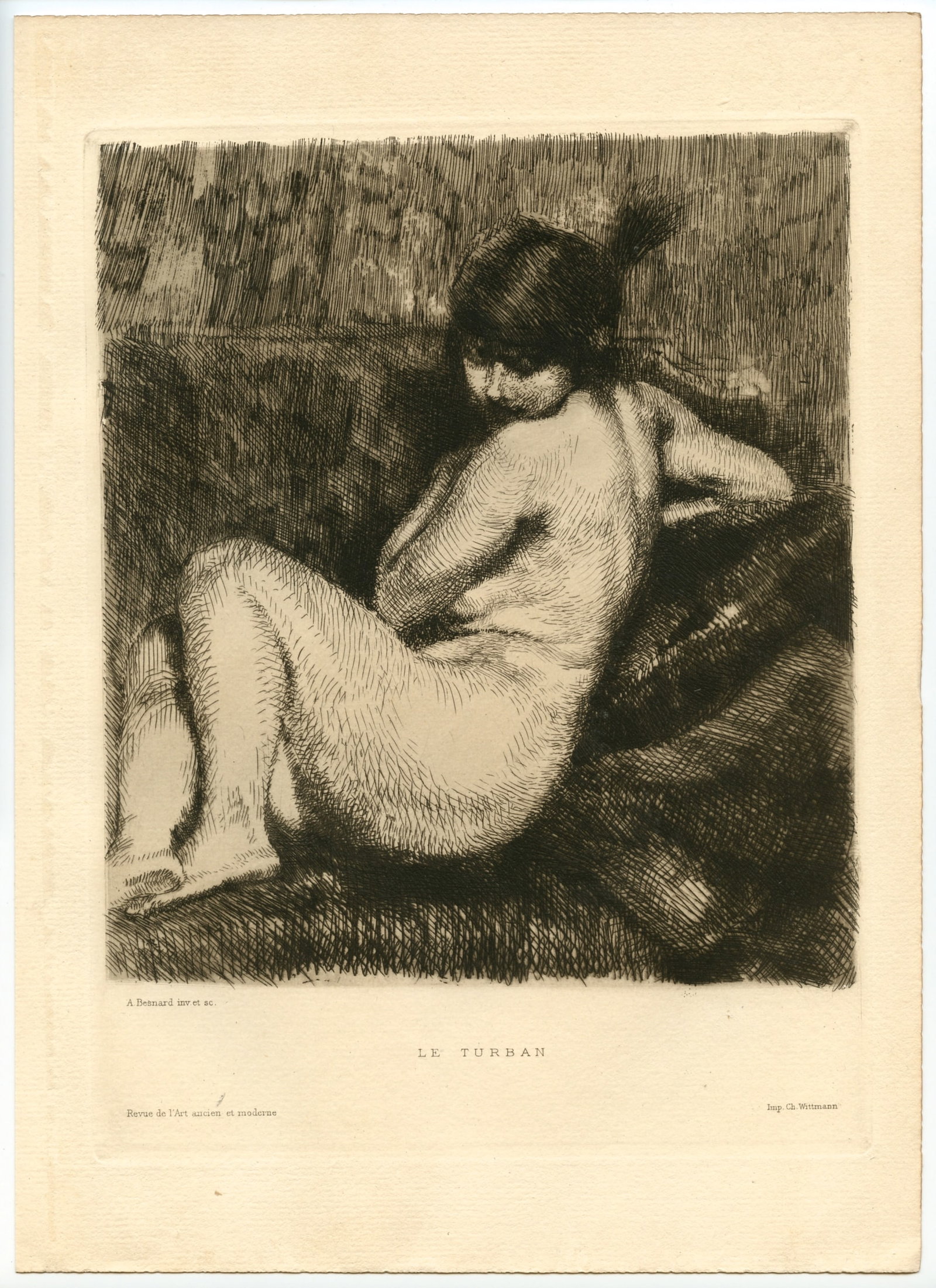 Albert Besnard original etching "Le Turban": Title:Albert Besnard original etching "Le Turban"Description:Medium: original etching. This impression on laid paper was printed in 1910 and published in Paris by the Revue de l'Art ancien et