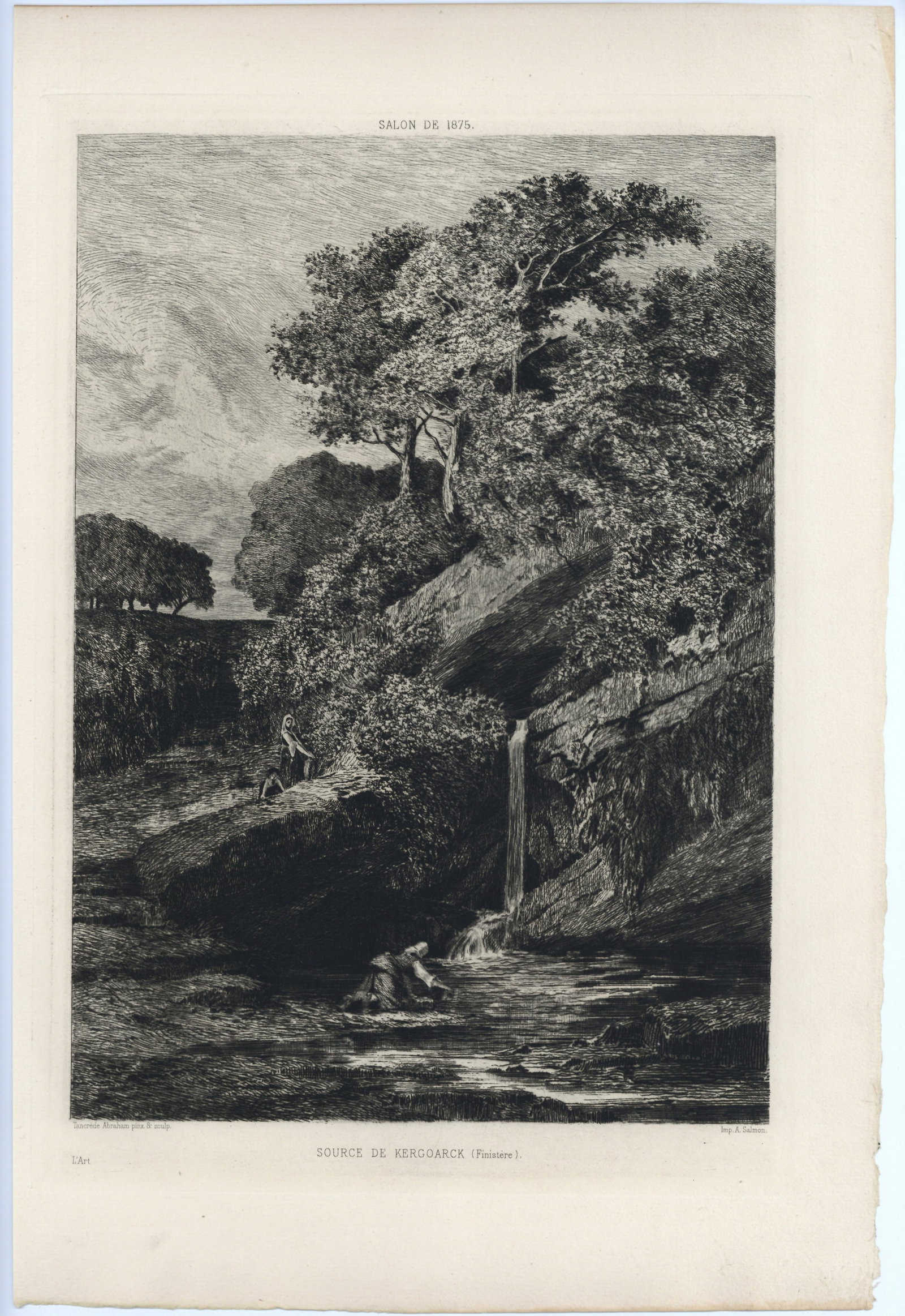 Tancrede Abraham "Source de Kergoarck" original etching: Title:Tancrede Abraham "Source de Kergoarck" original etching Description:Medium: original etching. This impression on cream laid paper was printed in 1875 at the Alfred Salmon Imprimerie and publishe