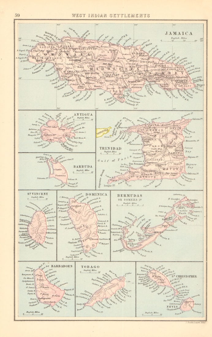 BRITISH WEST INDIES Jamaica Antigua Trinidad Dominica Bermuda Barbados 1876 map: Title: BRITISH WEST INDIES Jamaica Antigua Trinidad Dominica Bermuda Barbados 1876 map Description: West Indian Settlements; Jamaica; Antigua; Barbuda; Trinidad; St. Vincent; Dominica; Bermudas or