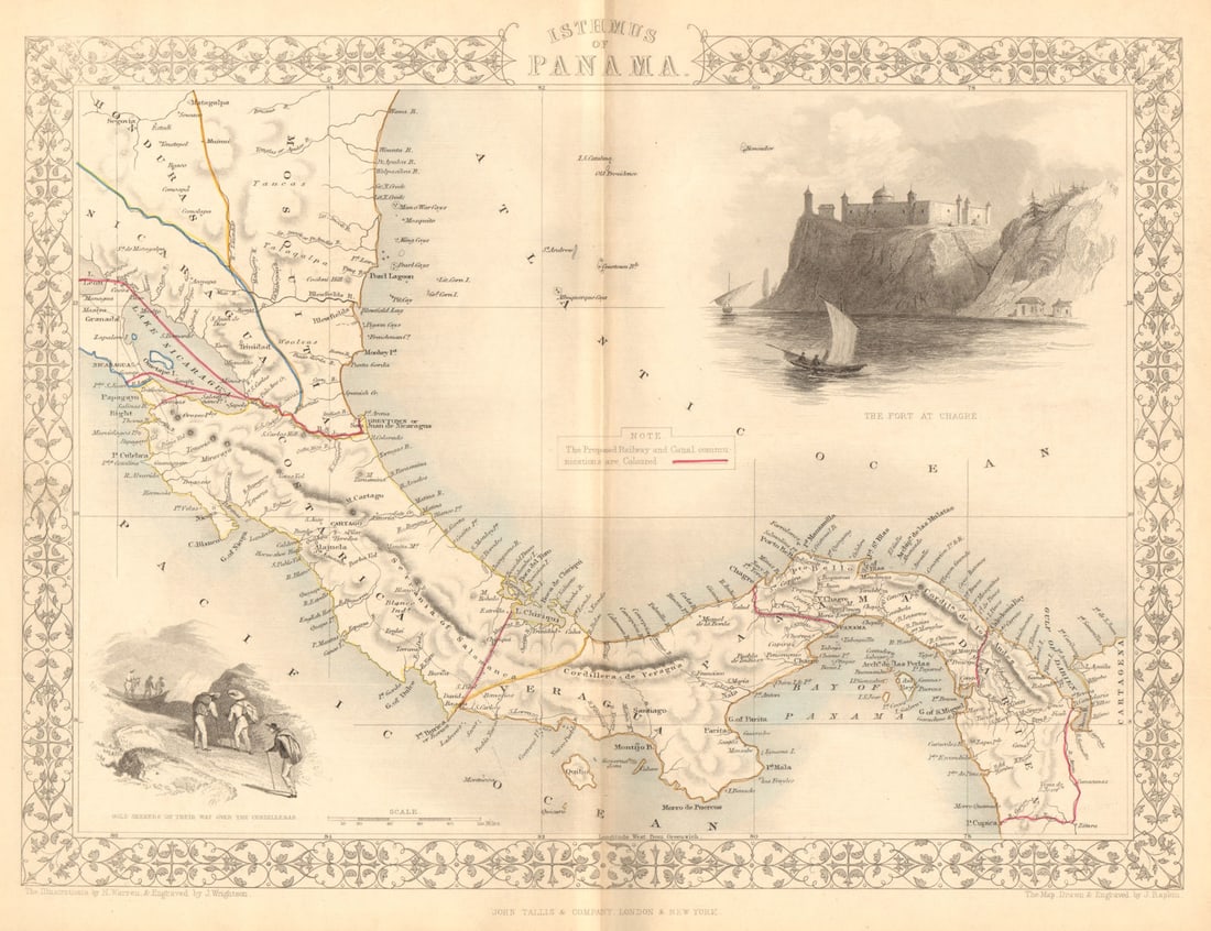 PANAMA ISTHMUS. 5 proposed canal/Rail routes. Nicaragua.TALLIS/RAPKIN 1849 map: Title: PANAMA ISTHMUS. 5 proposed canal/Rail routes. Nicaragua.TALLIS/RAPKIN 1849 map Description: Isthmus of Panama'. The map indicates, in pink, five routes for "proposed railway and canal communica