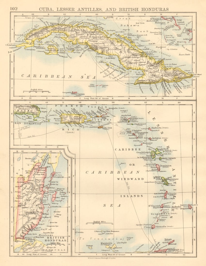 CARIBBEAN ISLANDS Cuba British Honduras Caribbee/Windward JOHNSTON 1892 map (1 of 1)
