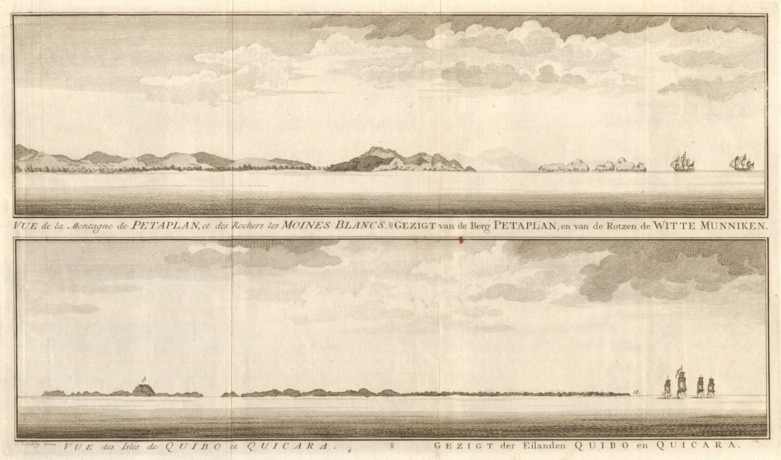 Petatlan Mountain, Barra de Potosi, Mexico. Coiba island, Panama. SCHLEY 1757: Title: Petatlan Mountain, Barra de Potosi, Mexico. Coiba island, Panama. SCHLEY 1757 Description: Vue de la Montagne de Petaplan, & des Rochers les Moines Blancs // Vue des Isles de Quibo & Qu