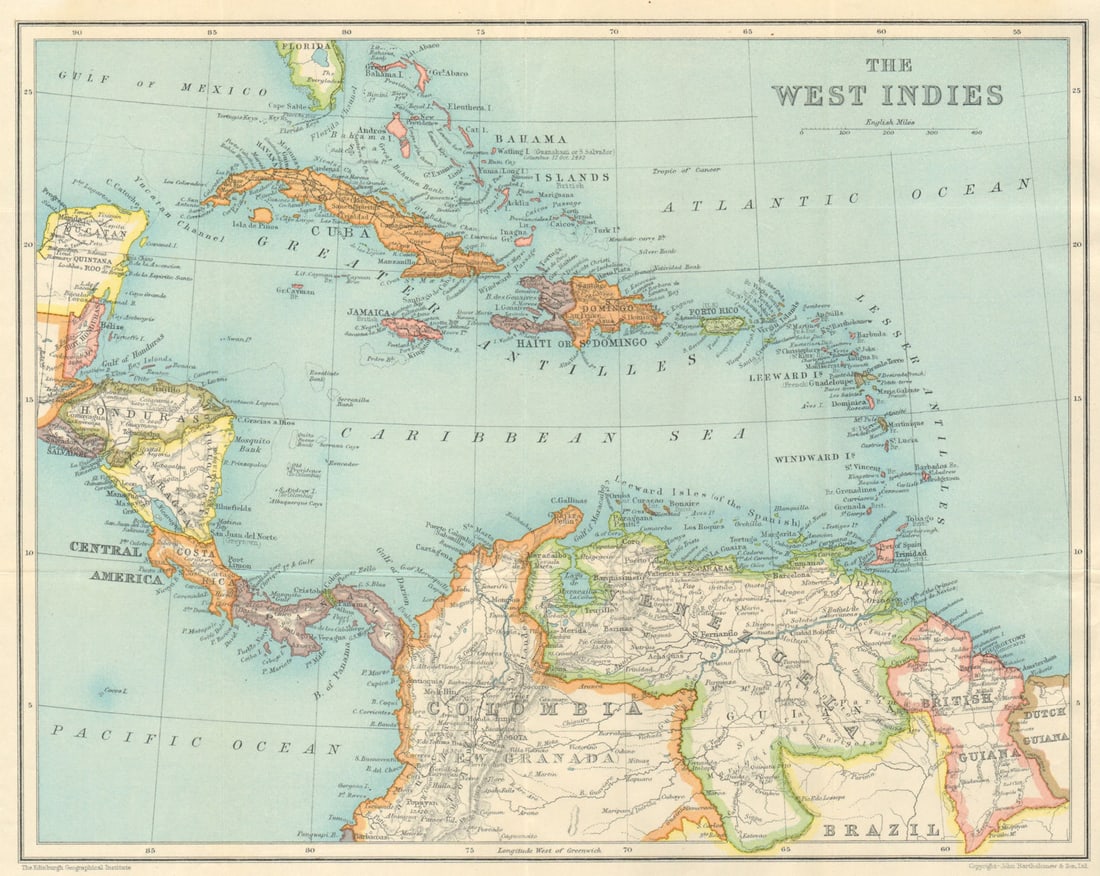 WEST INDIES & CARIBBEAN. Venezuela Central America Cuba Hispaniola &c 1931 map: Title: WEST INDIES & CARIBBEAN. Venezuela Central America Cuba Hispaniola &c 1931 map Description: The West Indies'. John Bartholomew & Son. Published 1931. Vintage colour map. Size 23 x 29 cm | 9.0 x