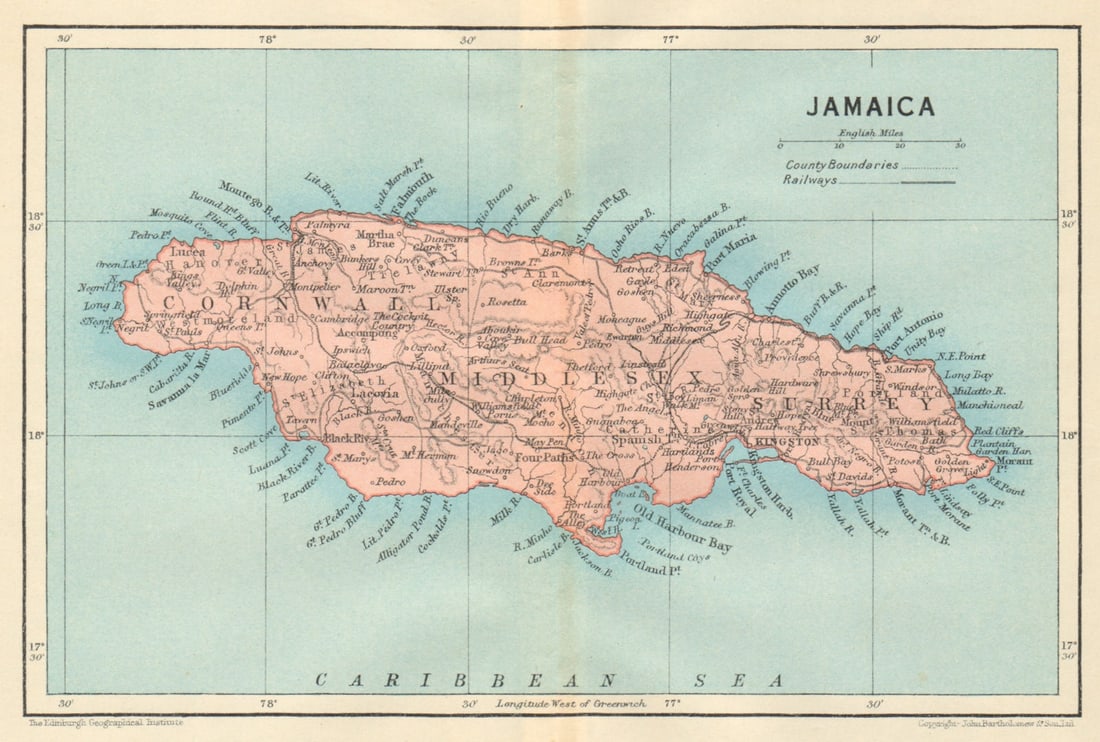 JAMAICA. Vintage map. West Indies. Caribbean 1931 old vintage plan chart: Title: JAMAICA. Vintage map. West Indies. Caribbean 1931 old vintage plan chart Description: Jamaica'. John Bartholomew & Son. Published 1931. Vintage colour map. Size 12 x 18 cm | 4.5 x 7.0 inches. C