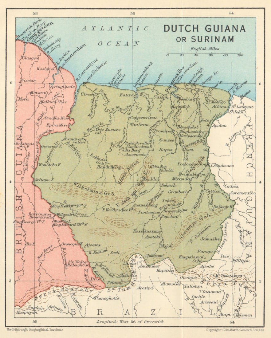 DUTCH GUIANA or SURINAME. Vintage map. Guyanas. West Indies. Caribbean 1931: Title: DUTCH GUIANA or SURINAME. Vintage map. Guyanas. West Indies. Caribbean 1931 Description: Dutch Guiana or Surinam'. John Bartholomew & Son. Published 1931. Vintage colour map. Size 15 x 12 cm |
