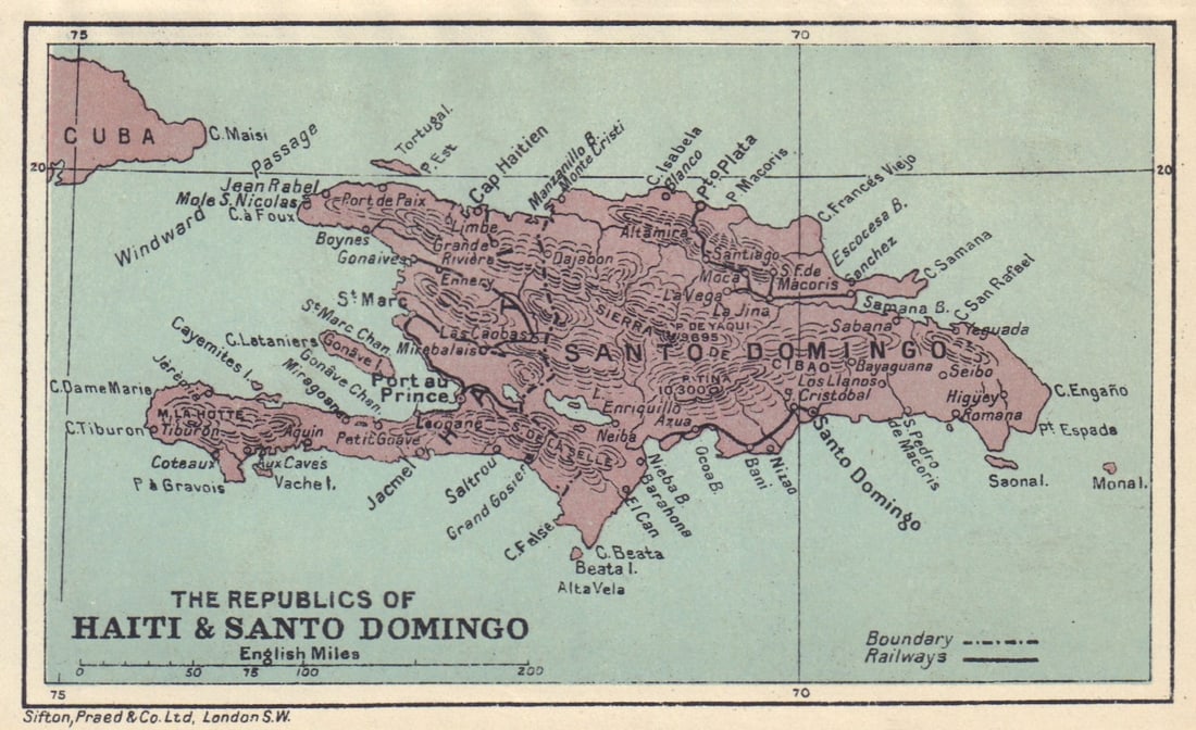 HISPANIOLA. Haiti & Santo Domingo (Dominican Republic) Vintage map 1923 (1 of 1)