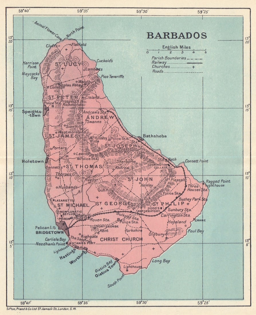 BARBADOS. Vintage map. West Indies Caribbean 1923 old antique plan chart: Title: BARBADOS. Vintage map. West Indies Caribbean 1923 old antique plan chart Description: Barbados'. Sifton, Praed & Co. Ltd, St. James's St. London S.W.. Published 1923. Vintage colour map. Size