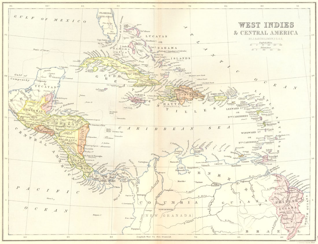 WEST INDIES. & Central America 1870 old antique vintage map plan chart: Title: WEST INDIES. & Central America 1870 old antique vintage map plan chart Description: West Indies and Central America'. Engraved by John Bartholomew, F.R.G.S.. Published 1870. Coloured antique ma