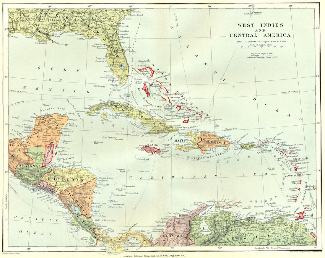 CENTRAL AMERICA/WEST INDIES. shows Danish Antilles. STANFORD 1906 old map (1 of 1)