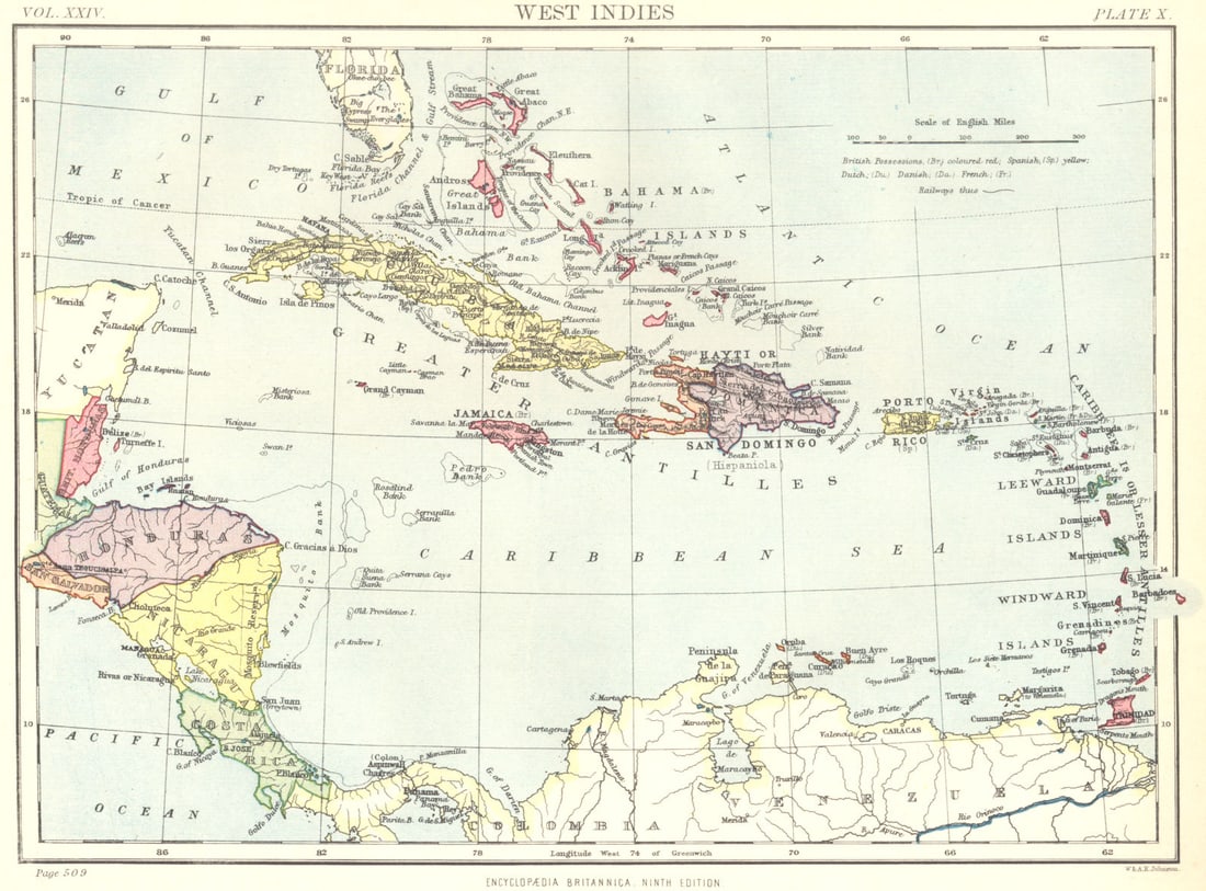 CARIBBEAN. West Indies & Central America. Britannica 9th edition 1898 old map (1 of 1)