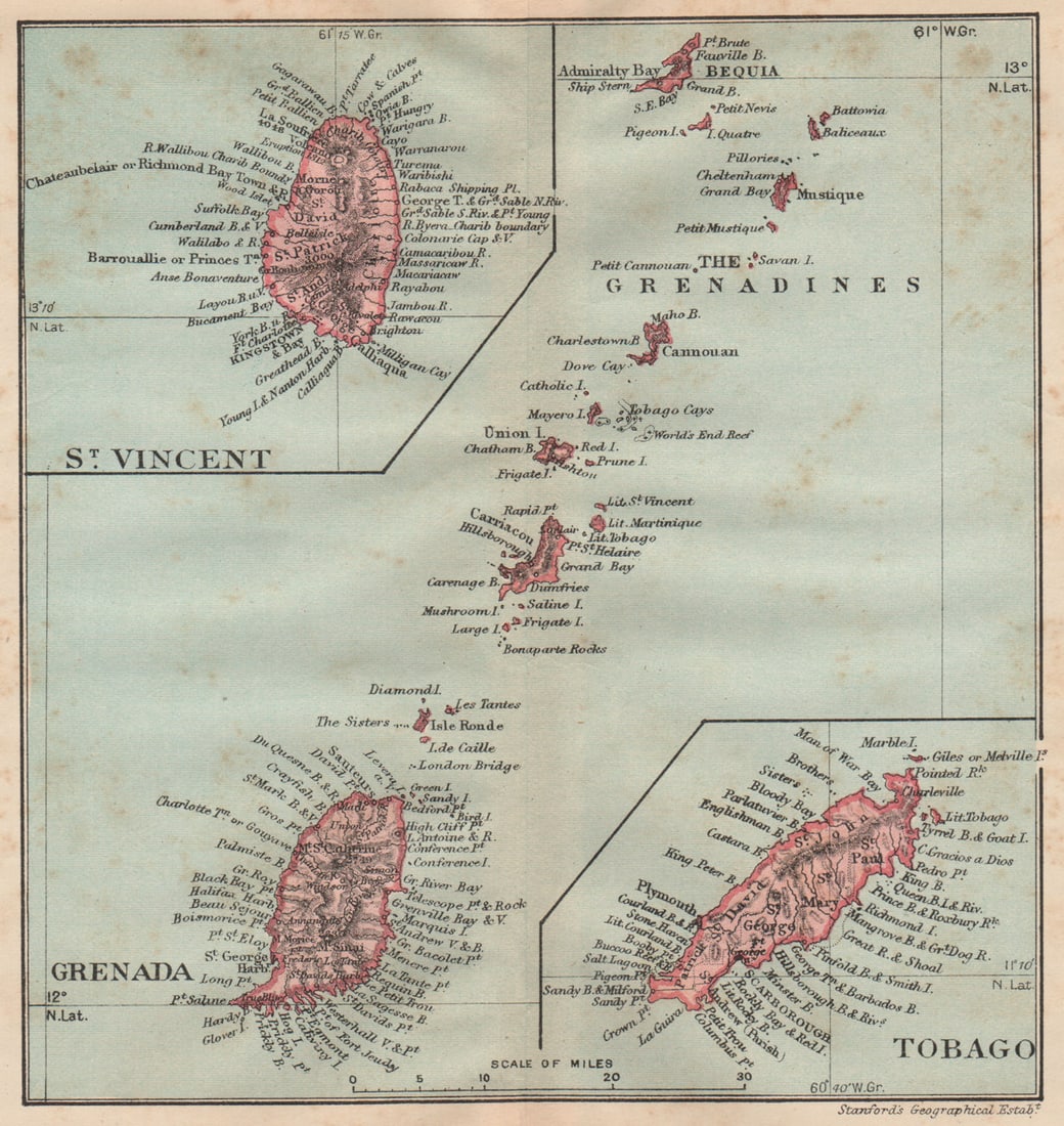 GRENADINES. Grenada & St Vincent. Also Tobago. West Indies vintage map 1914 (1 of 1)