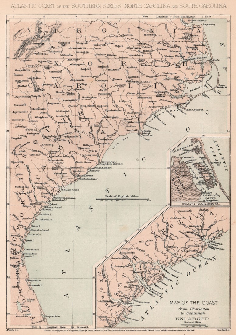 US CIVIL WAR. Atlantic Coast Virginia-Florida; Charleston-Savannah 1864 map (1 of 1)