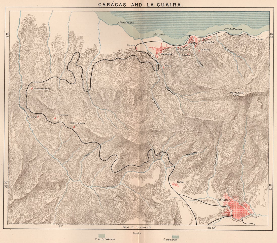 Carácas and la Guaira. Venezuela 1885 old antique vintage map plan chart: Title: Carácas and la Guaira. Venezuela 1885 old antique vintage map plan chart Description: Carácas and la Guaira'. Engraved for Élisée Reclus. Published 1885. Antique colour map.