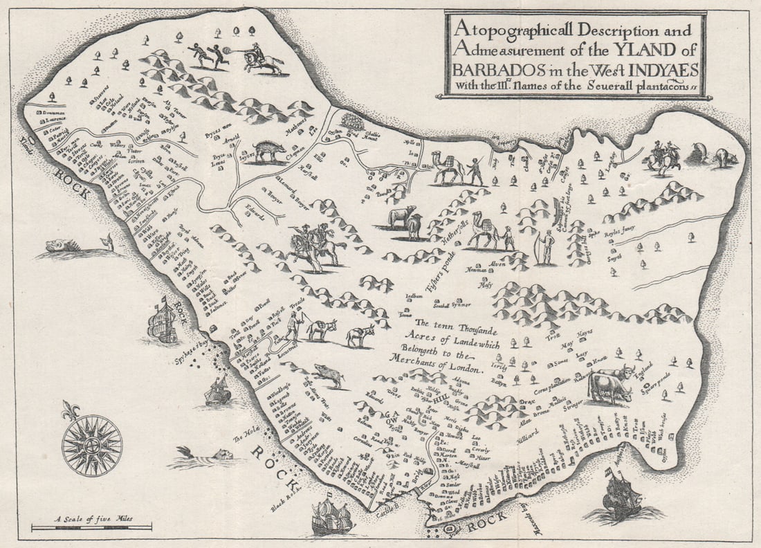 YLAND OF BARBADOS. Plantations. After Ligon 1657. West Indies 1927 old map: Title: "YLAND OF BARBADOS". Plantations. After Ligon 1657. West Indies 1927 old map Description: Richard Ligon's map of Barbados published in 1657'. Sifton, Praed & Co. Ltd, St. James's St. London