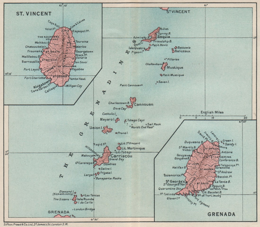 ST VINCENT, GRENADA & THE GRENADINES. Lesser Antilles. West Indies 1927 map (1 of 1)